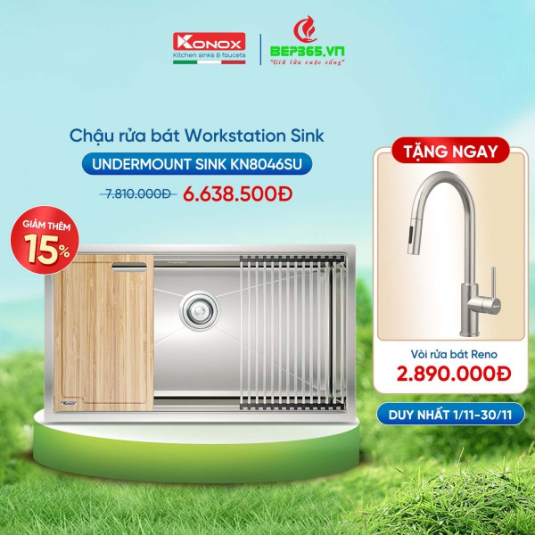 Chậu rửa bát Konox Workstation - Undermount Sink KN8046SU (Full phụ kiện)